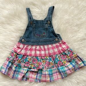 Vintage Girls Denim Floral Tiered Overall Dress - Pink & Blue 24 Months